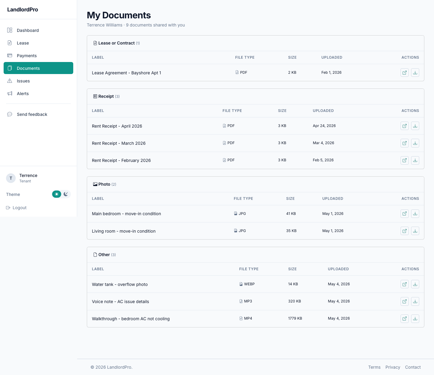 Documents page grouped by type showing rent-receipt PDFs, property photos, and audio and video attachments.