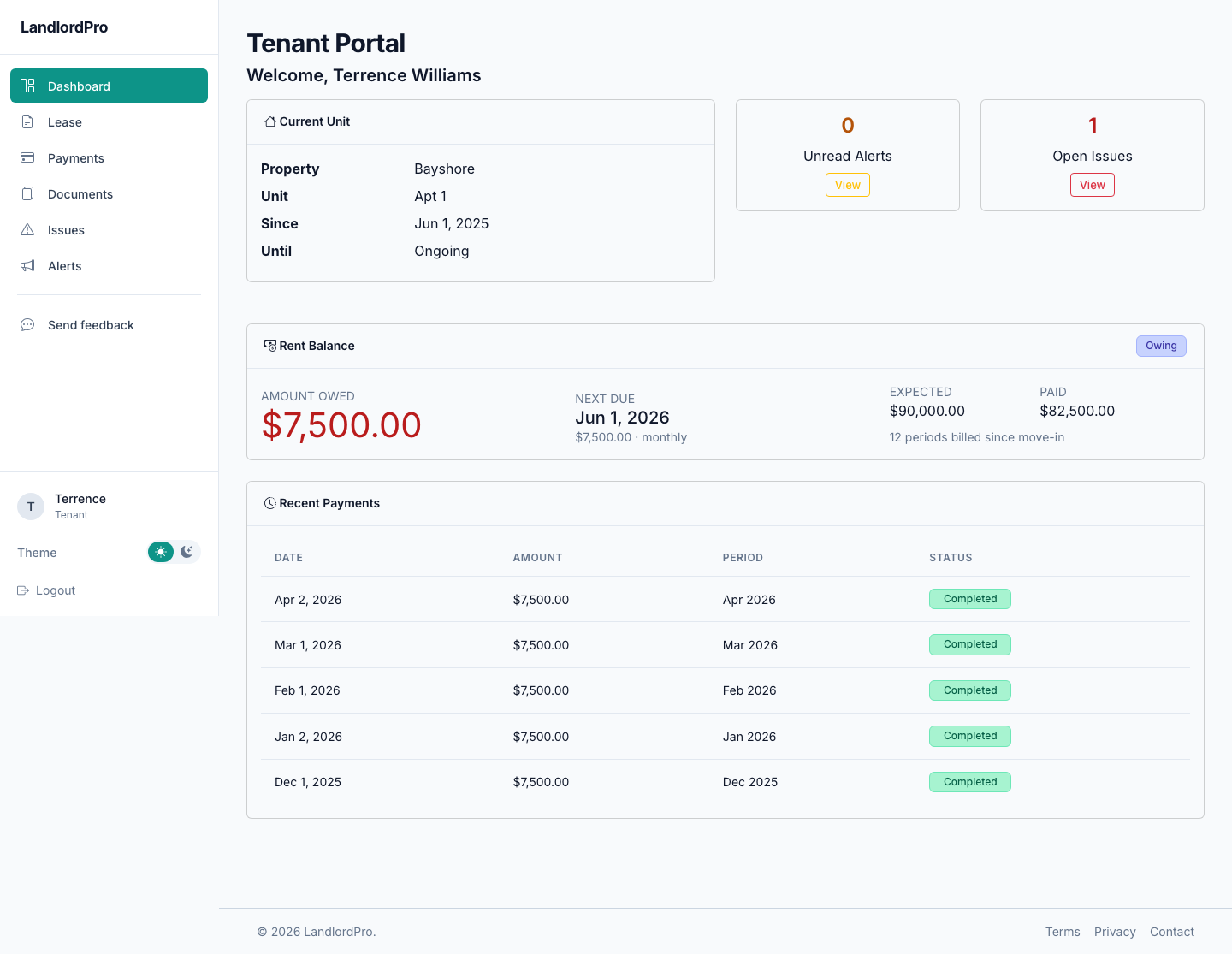 Tenant portal dashboard showing current unit, rent balance owed, and recent payment history.